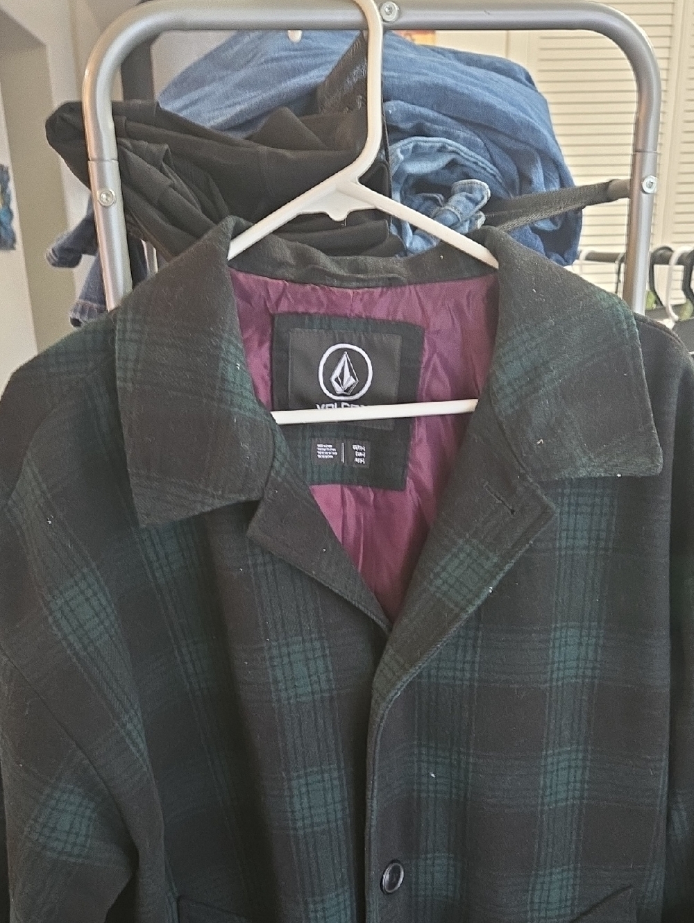 Volcom Men's Green and Black Plaid Peacoat with Burgundy Lining